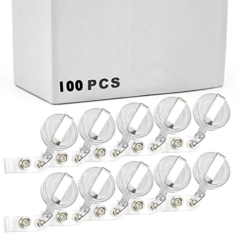 Officeship 100 PCS Clear White Retractable Badge Holder, Retracting Card Reel Bulk Sale