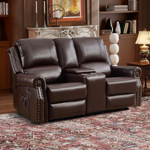 EBELLO Power Reclining Loveseat, Faux Leather Double Recliner Sofa with Side Pocket, Center Console, Hidden Storage & Cup Holders, Vintage Rivet Mid-Century Modern Design for Living Room, Red Brown
