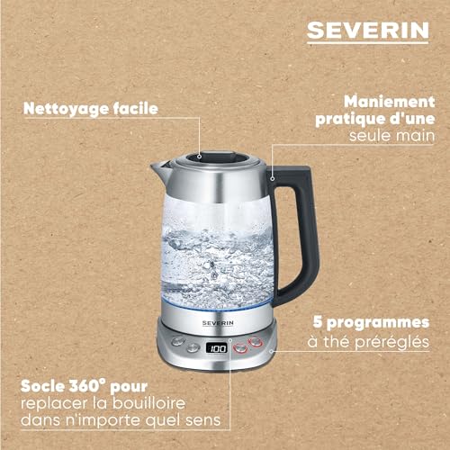 SEVERIN Bouilloire Eau et Thé, 1,7L, 3 000W, Filtre à thé, Température et Temps D'infusion Personnalisables, Verre/Inox, WK 3480