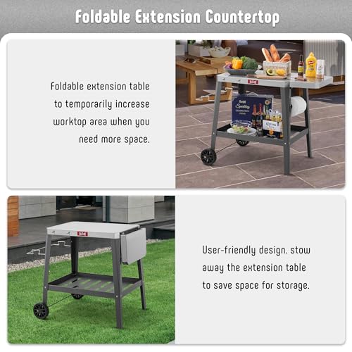 Image of Feasto Outdoor Grill Table, Rolling Pizza Oven Stand, 31 inch x 19 inch, Black | Outdoor Bar Cart with Foldable Extension Table for Compact Pizza Ovens & Griddles, Patio BBQ & Deck Parties