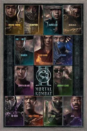 Trends International Mortal Kombat 2 (2026) - Character One Sheet Grid Wall Poster, 22.4L x 14.7W, Barnwood Framed Version