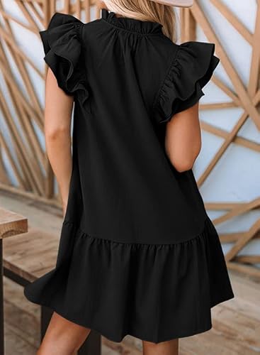 Dokotoo Womens 2023 Spring Summer Drawstring V-Neck Ruffle Sleeveless Tank Dress Cap Short Sleeve Side Pockets Easter Mini Dress Sundress Black Medium #TOP1