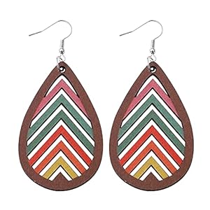 Sterling Silver Earrings Bohemian Geometric Hollow Teardrop Shaped Colorful Earrings Double Sided Wooden Valentine’s Day Wear Decorative Girls’ Gifts (Brown, One Size)