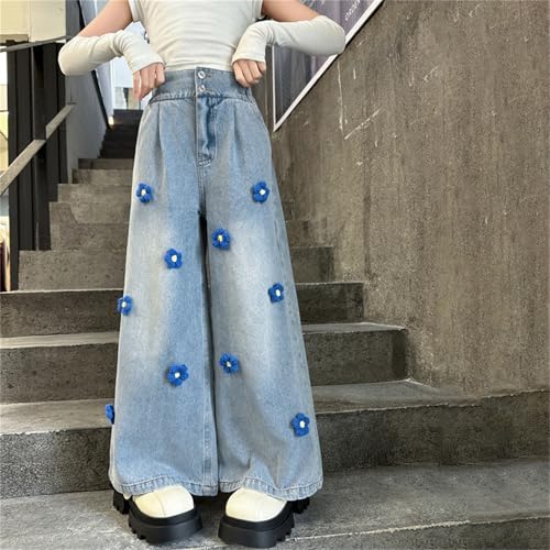 Girls 3D Flower Pattern Wide Leg Jeans Retro Loose 𝗬2𝗞 Elastic High Waist Denim Pants Casual Trendy Trousers3