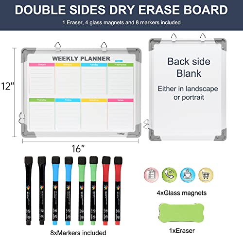 Dry Erase Board With Weekly Calendar - 16X12 Inches Magnetic Small Whiteboard Hanging Double-Sided Board For Wall, Portable Board For Drawing, Kitchen, Planning, Memo, School, Home, Office (Grey) #TOP1