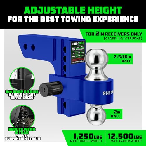 Image of Rhino USA Adjustable Trailer Hitch (Fits 2-Inch Receiver) - Heavy Duty Aluminum Tow Hitches with 6-Inch Drop /Rise for Truck (12,500 LBS GTW) - Weatherproof Double Anti-Theft Locking Hitch Pins (Blue)
