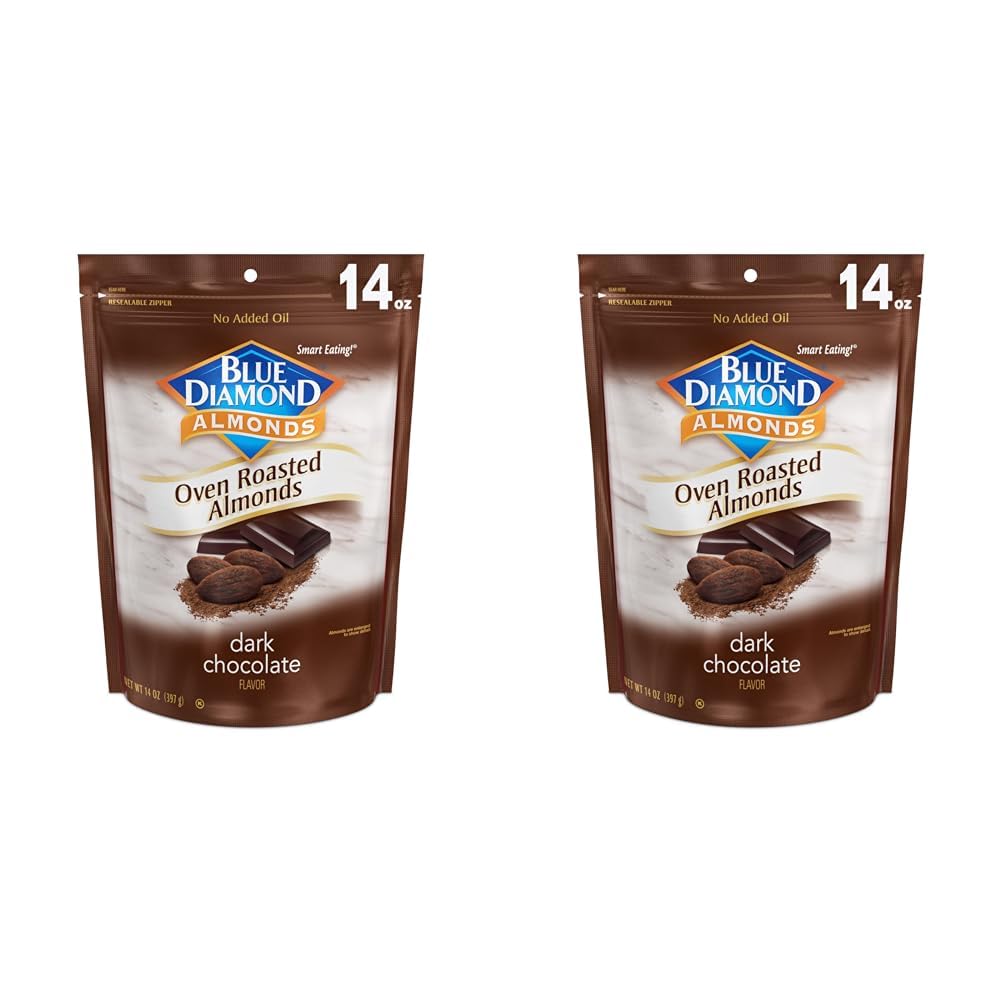 Blue Diamond Almonds Oven Roasted Dark Chocolate Flavored Snack Nuts, 14 Oz Resealable Bag (Pack of 2)