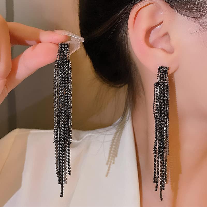 Black Rhinestone Long Tassel Earrings for women.Crystal Chandelier Fringe Drop Earrings Zircon Strand Earrings Fashion Jewelry Gifts for Female - Image 5