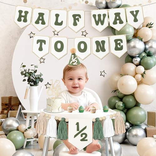 Image of 1 /2 Birthday Boy Half Birthday Decorations - White Green Half Way to One Banner Cake Topper Tassel Wood Bead High Chair Banner Hat for Boys 6 Months Birthday Decorations Party Supplies