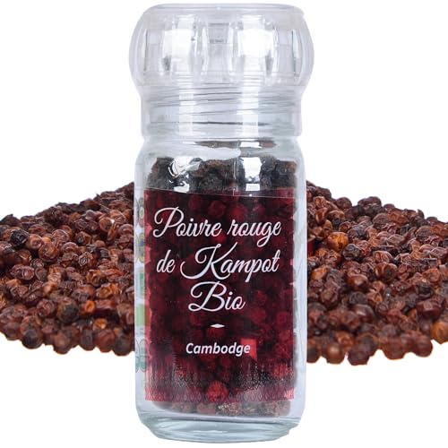 Khla - Poivre Rouge de Kampot Certifié Bio 45 g - Moulin Rechargeable - Poivre en Grain - Grand Cru, Doux & Fruité - Ingrédient Cuisine Épice - Production limitée - Origine Cambodge