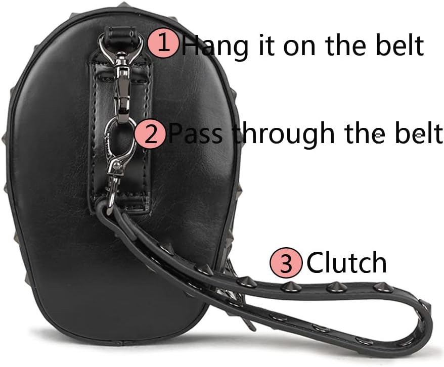 3D Skull Purse Wristlet Bag Waist Pack for Women Rivet Punk Gothic Clutch Wallet Handbag Belt Bags-Black