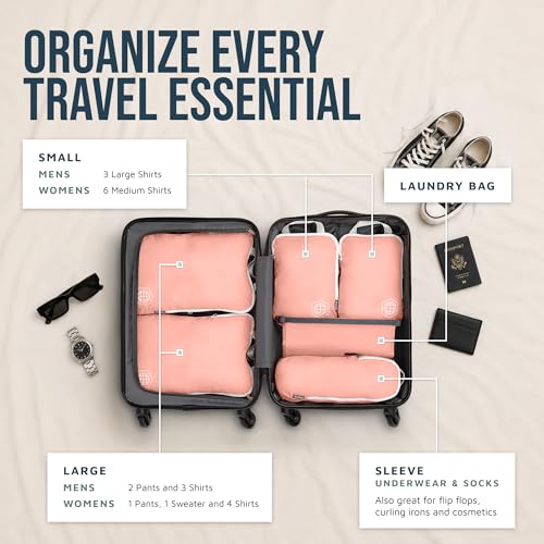 Image of TRIPPED Travel Gear Compression Packing Cubes 6 Piece Set for Travel - Lightweight, Durable Clothes Organizer for Carry-On Luggage and Backpacks by TRIPPED Travel Gear (Coral Rose).
