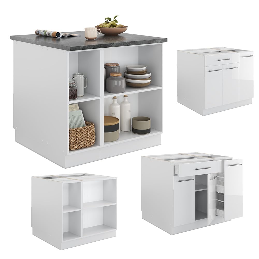 Vicco Kücheninsel Fame-Line, Weiß Hochglanz/Weiß, 90 cm mit Schublade, ohne Arbeitsplatte, kombinierbar mit weiteren Modulen derselben Serie