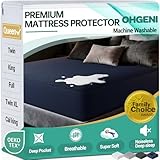 OhGeni 100% Waterproof Mattress Protector, Navy Blue Queen Size, Fitted Sheet with Deep Pockets, 6''-18'', Premium Noiseless Breathable Soft Material, Mattresses Cover for Bed