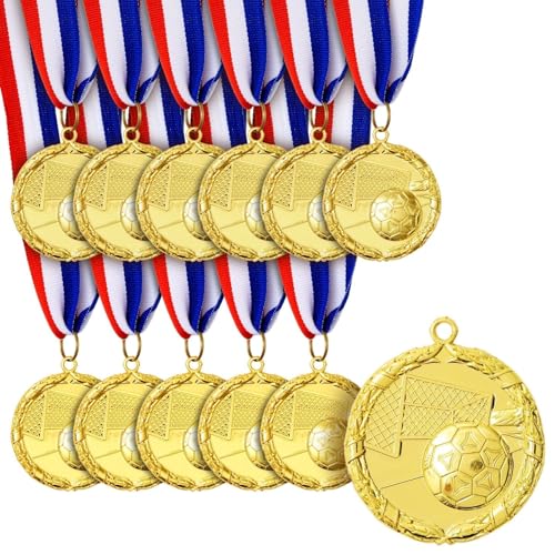Juvale Soccer Medals - 12-Pack, 2-Inch Gold Zinc Alloy with 15.5-Inch Red, White & Blue Ribbons...