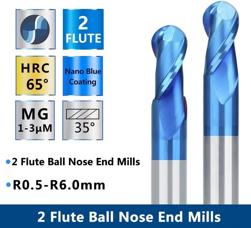 5/7/8pcs Ball Nose Carbide End Mill Set CNC Cutter Router Bits 2 Flute Spiral Milling Tool End Mill Set CNC Machine Engraving Router Bit for Wood Metal Milling(5pcs Set)