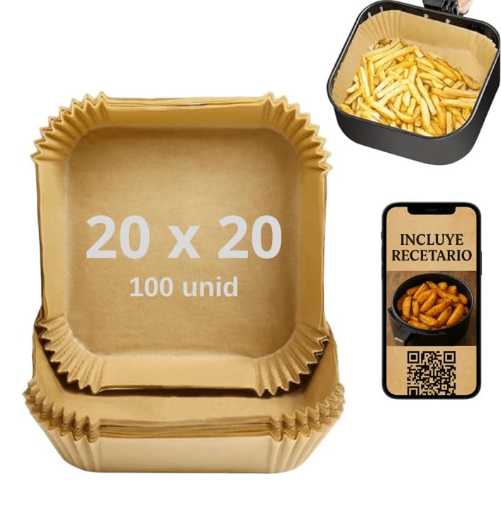 Papel Para Freidora De Aire Cuadrado 100 Piezas, 20 x 20 cm, Protector Para Bandeja De Horno Desechable, Para Base Air Fryer, Incluye Recetario