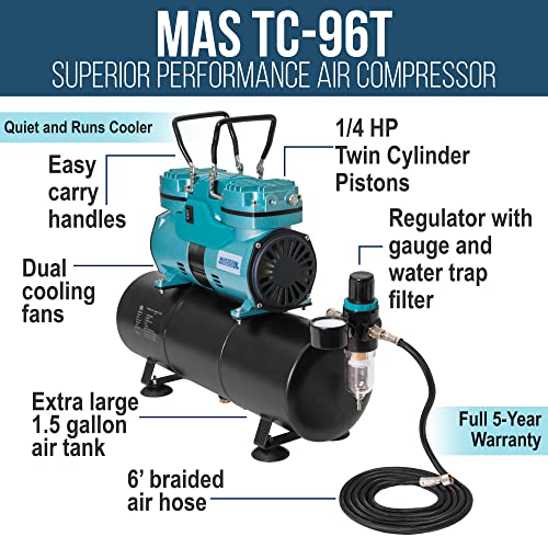Professional Cool Running Master Airbrush 1/4 Hp Twin Cylinder Piston Air Compressor With Extra Large Storage Tank - Model Tc-96T High Airflow Performance 40 Ltrs/Minute - Hose, Regulator Water Trap #TOP1