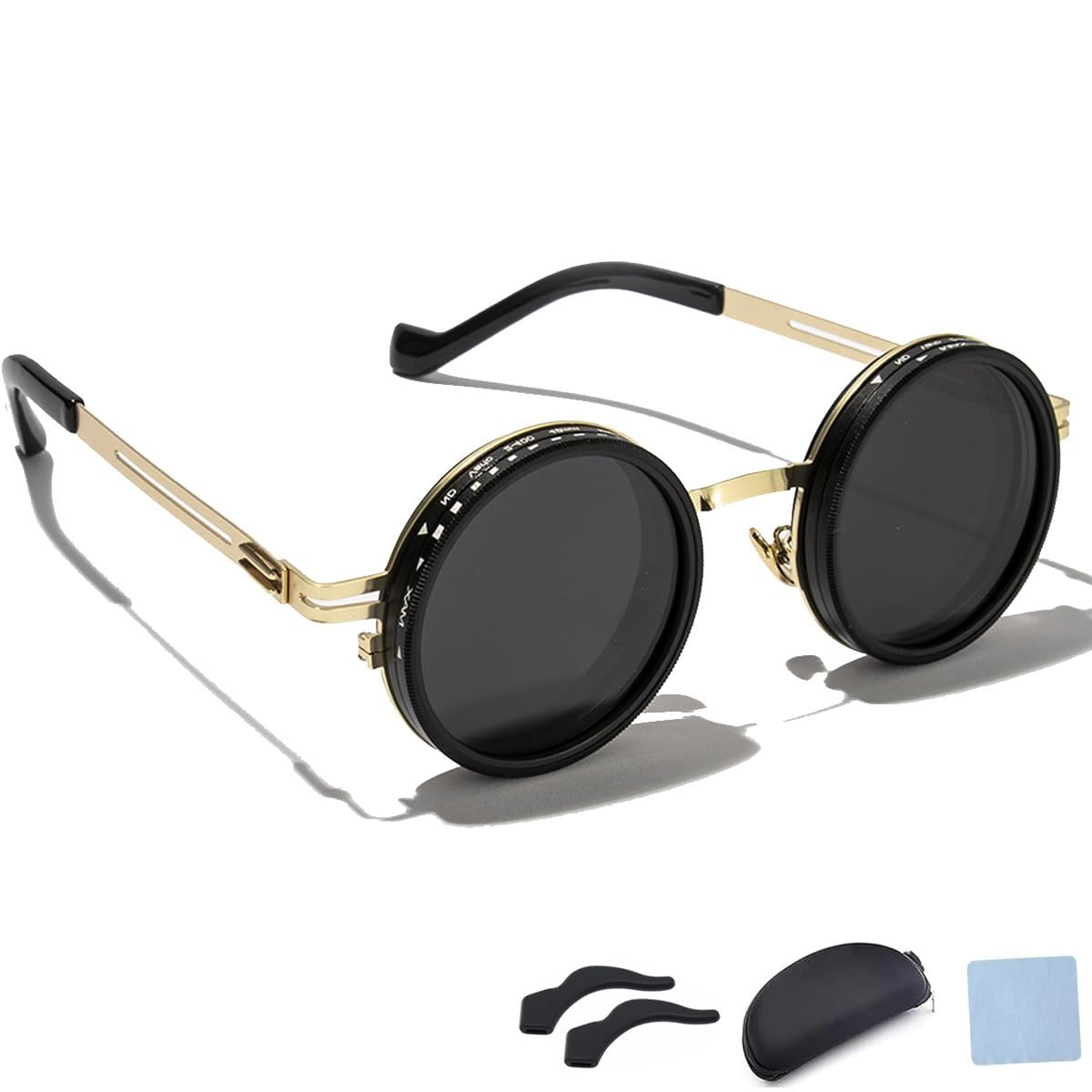 Homtrator Uptiar Adjustable Tint Sunglasses, Adjustable Tint Polarized Round Sunglasses, 1-9 Gears Glasses Polarized With ND9 Filter Lenses, Retro Tent Glasses For Men Beach Shady Fishing Driving