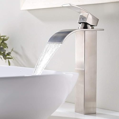 Modern Wide Waterfall Spout Brushed Nickel Vessel Sink Faucet,Single Handle Tall Bathroom Faucet,Above Counter Single Hole Vanity Lavatory Faucet for Bathroom Sink