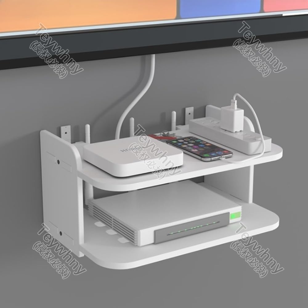 Teywhny 【低め】 ルーター収納ボックス、テレビセットトップボックス、穴あけ不要、フローティングデザイン、ブラケットと壁装飾セット一式、