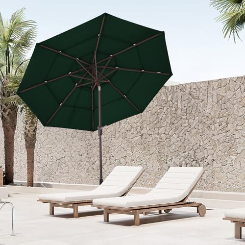 Image of JEAREY 9FT 3 Tier Patio Umbrella Outdoor Market Umbrella Table Umbrellas with 8 Ribs 1.5 Pole Push Button Tilt and Crank UV Protection for Garden,Dark Green