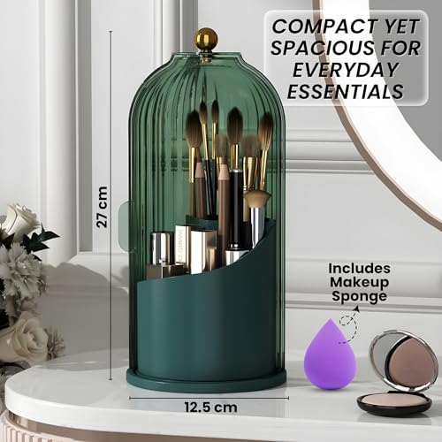 Image of OCEANEVO Cosmetic Makeup Brush Holder with Makeup Sponge, Dustproof Makeup Brush Organiser Stand with 360 Rotatable Lid - 12.5 x 27 Cm - Green - 1 Year Warranty