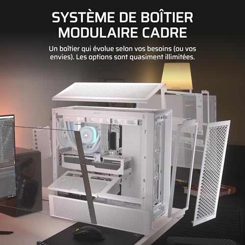 CORSAIR Frame 4000D RS Boîtier Modulaire PC De Taille Moyenne – 3X Ventilateurs RS, Système De Supports Infinirail, Convient Plusieurs Radiateurs 360mm, Compatible avec Cartes Mères Inversée – Blanc