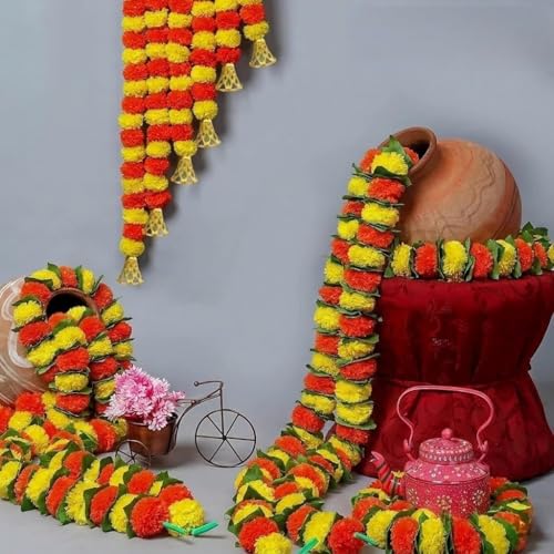 Image of Bindian Artificial Marigold Flower Toran 2.5 Ft Yellow Orange with Leaf & Bells | Decorative Bandanwar for Diwali, Pooja, Wedding, Festival, Home Entrance & Wall Decoration (Pack of 5)