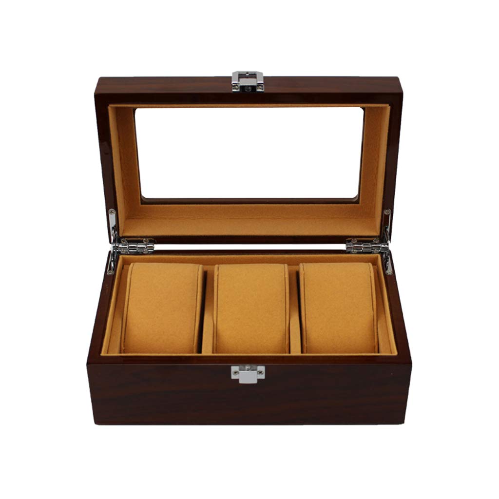 ANVLOJRIH 3-Slot Watch Display Storage Box Bracelet Tray Wooden Soft Flocking Lining Interior with 3 Cushions Metal Clasp Closure Showcase Organiser