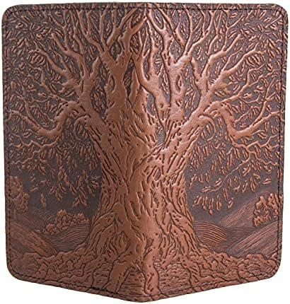 Oberon Design Tree of Life Embossed Genuine Leather Checkbook Cover, 3.5x6.5 Inches, Saddle Color, Made in the USA