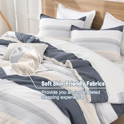 Litanika Comforter Set California King Size Blue Yellow - 3 Pieces Lightweight Blue Yellow White Colorblock Stripe Fluffy Bedding Comforter Sets, All Season Bed Set