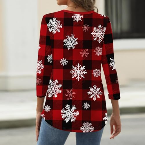 Image of Women Christmas Shirt 3 /4 Length Sleeve Henley Tops Xmas Outfits