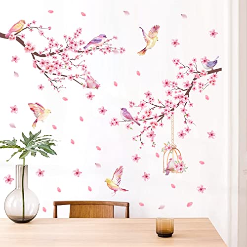 Cherry Blossom Wall Stickers Pink Flower Tree Branch Wall Decals for Girls Bedroom Living Room Spring Floral Birds Wall Art Mural Peel and Stick for Kitchen Nursery TV Background Wall Decoration - Image 3