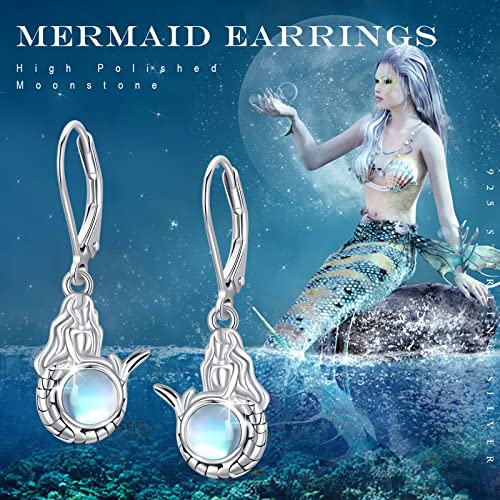 Mermaid Dangling Drop Earrings Sterling Silver Moonstone Leverback Earrings Ocean Sea Earrings Jewelry Gift For Women Girls Sister Valentine's Day #TOP4