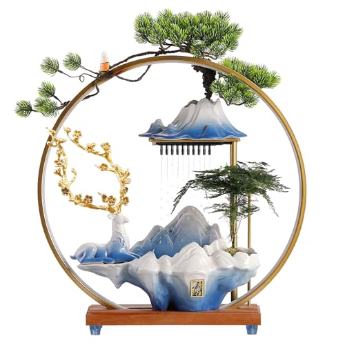 Huazzzyi Tabletop Water Fountain with Mist, Indoor Waterfall Fountain with Round LED Light, Mist Maker and Incense Holder, Zen Meditation Fountain Home Office Decoration (Blue)