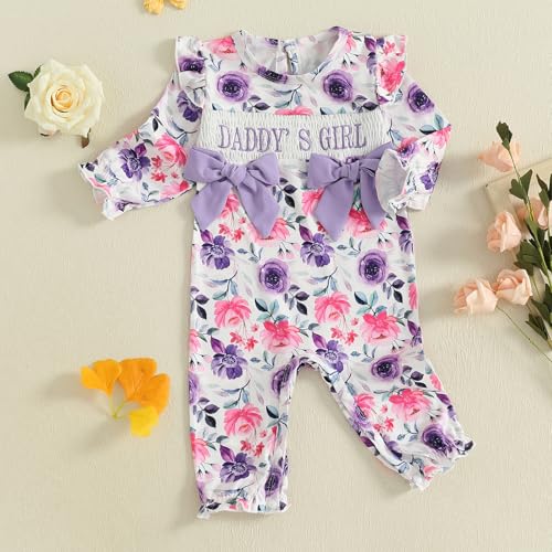 Newborn Baby Girl Fall Outfit Daddys Girl Floral Romper Ruffle Long Sleeve Bowknot Onesie Jumpsuit Winter Clothes2