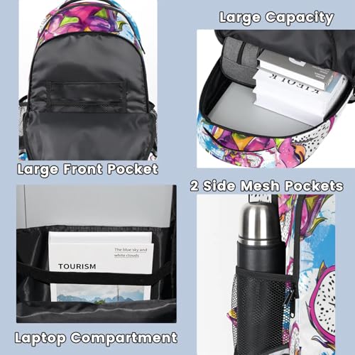 Watercolour Pitaya Dragon Fruit Backpack with Reflector Strips for Women Men, Multi-Pocket Laptop iPad Tablet Backpack Daypack Travel Casual Rucksack 16.7in4