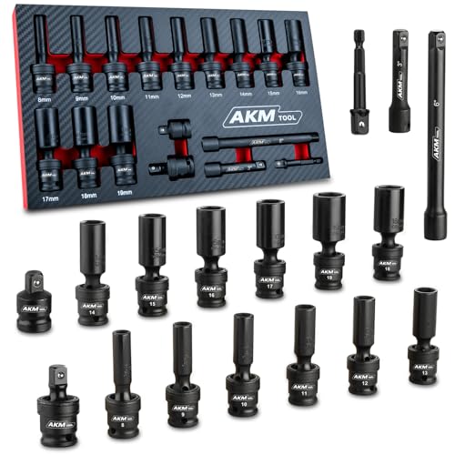 AKM TOOL 3/8" Drive Universal Impact Socket Set, 17 Piece Swivel Socket Set, Wobble Sockets, Flexible, 6-Point, Metric, 8-19mm, Cr-Mo, with 3" 6" Extension Bars and Adapter