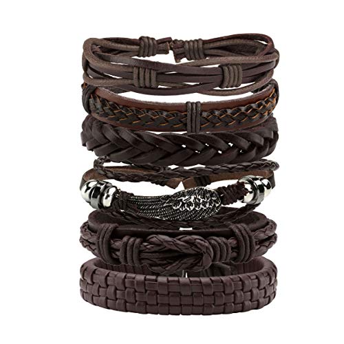 Eigso 6 Pcs Braided Leather Bracelets for Men Women Hemp Cords Wrap Bracelet Adjustable