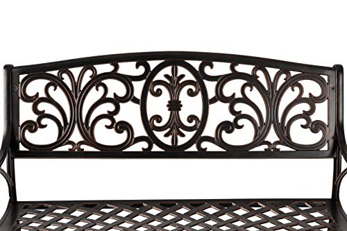 Balkene Home 63284 Decatur Cast Aluminum Patio Bench Heavy Duty Rust Free Metal Construction Front Porch Backyard Lawn Garden Pool Deck Outdoors Fleur-De-Lis Design - Antique Bronze Finish