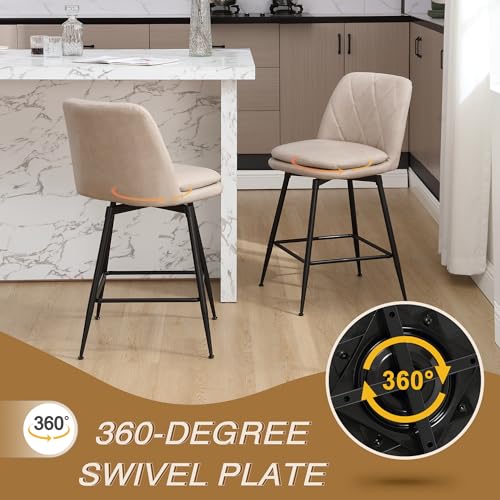 Image of Swivel Bar Stools Set of 2, Swivel Counter Height Bar Stools Set with Metal Legs and Upholstered Faux-Leather Seats, Modern Bar Stool with Back for Kitchen Island (A26 H, Beige)