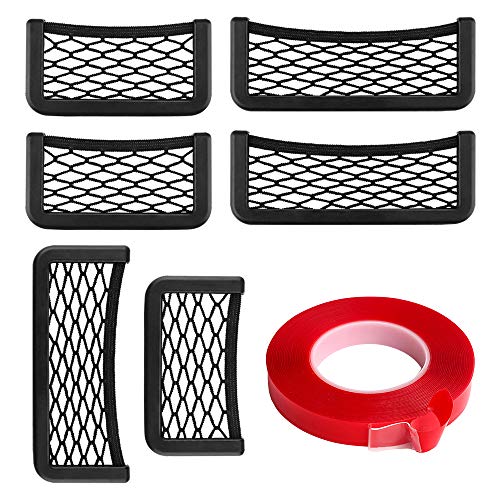 CUGBO Car Storage Net Bag, 6 Pack ABS Plastic Frame with Stretchable Mesh Net, Universal String Bag Car Seat Side Back Stick-on for Purse Phone Holder Pocket Organizer with 1PC Double Sided Tape Gift