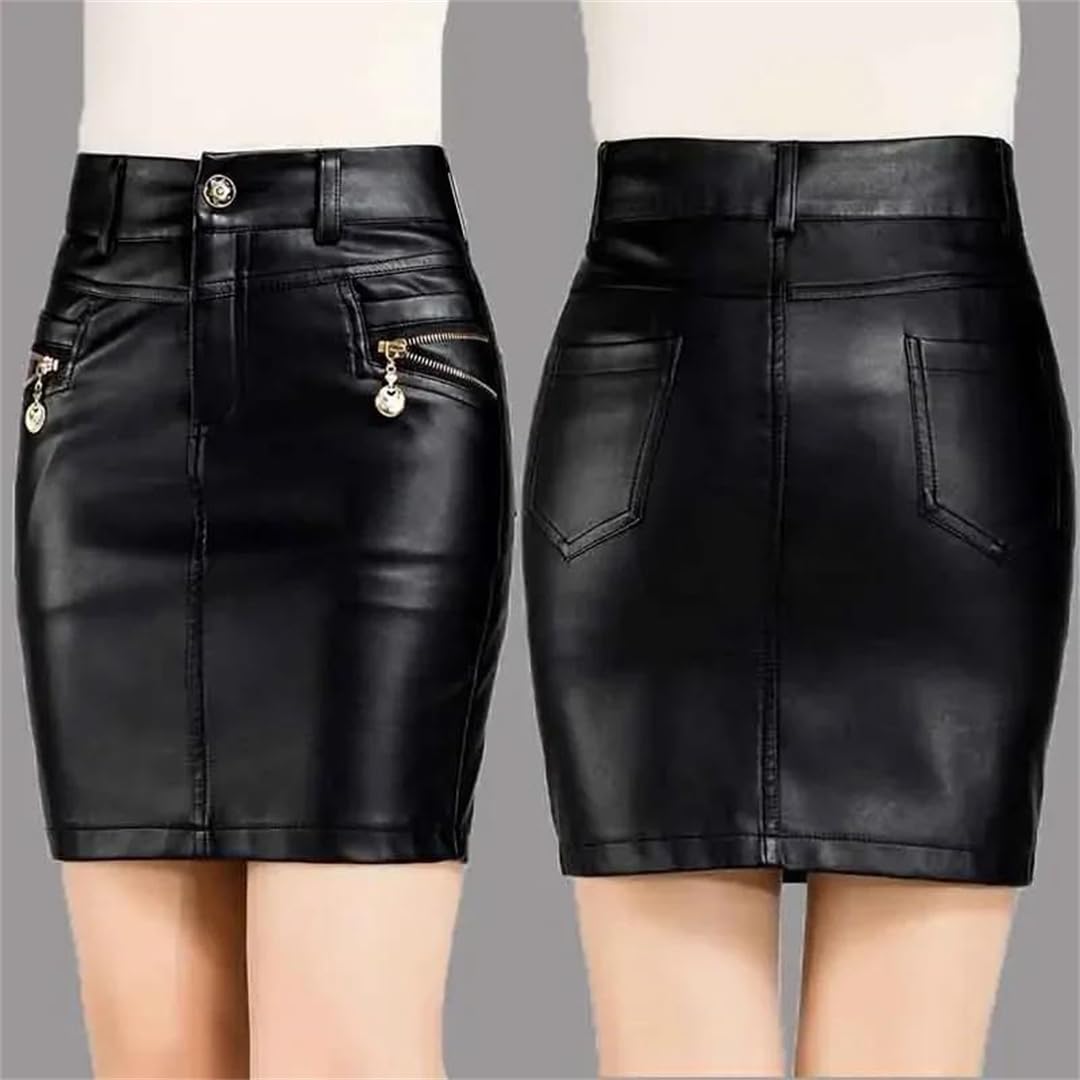 Kelsiop Minigonna da donna in pelle PU a vita alta con cerniera e tasche autunno inverno abbigliamento casual