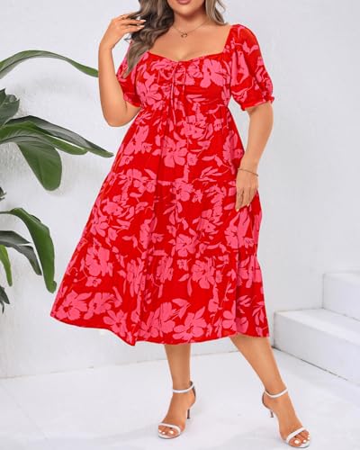 Image of Plus Size Summer Dresses - Sweetheart Neck Drawstring Puff Sleeve Casual Tiered Aline Flowy Midi Dress