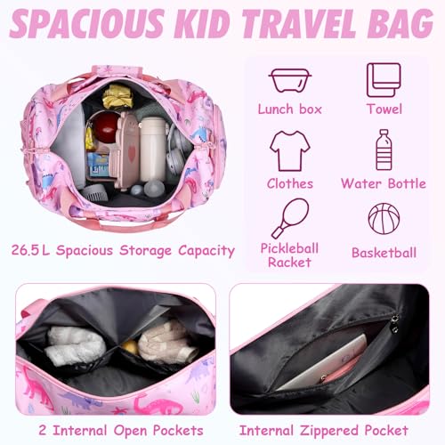 Kids Overnight Duffel Bags,Kasqo Girls Dance Bag Water Resistant Sports Gym Ballet Bag for Teens Sleepover Travel Bag Weekender Carry On Tote with Shoes Compartment Dry Wet Pocket,Pink Dinosaur3