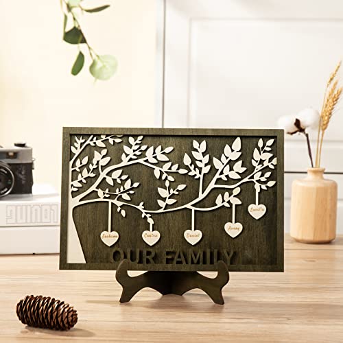 Gifts For Mom,Personalized Family Tree Sign With Custom Names Wooden Plaques Decor Engraved Family Names Desk Plaque Mothers Day Gifts (5 Names, Our Family) #TOP3