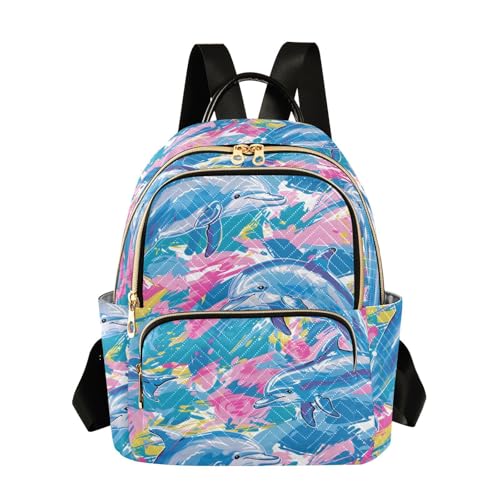 Women Fashion Backpack Purse Dolphins Tie Dye Design Mini Travel Backpack Ladies Shoulder Bag Work Daypack 8.5L