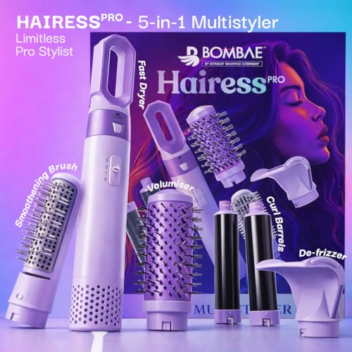 Image of Bombae Hairess Pro 5-in-1 Hair Multistyler for Women | 1000W Hot Air Brush with Ionic tech & Curling Styler with Auto Wrap and Bi-directional Curls |Blow Dry, Curl, Smooth & Volumise | 3 Heat Settings | Interchangeable Styling Attachments