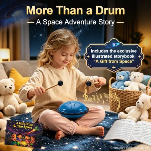 EX Steel Tongue Drum UFO Shape Design, Space Story Gift Set with Book & Stickers, 5.3 Inch 8 Notes Rain Drum for Outside Garden, Musical Instruments for Kids Adult Gift, Calming Drum, Blue — view 3